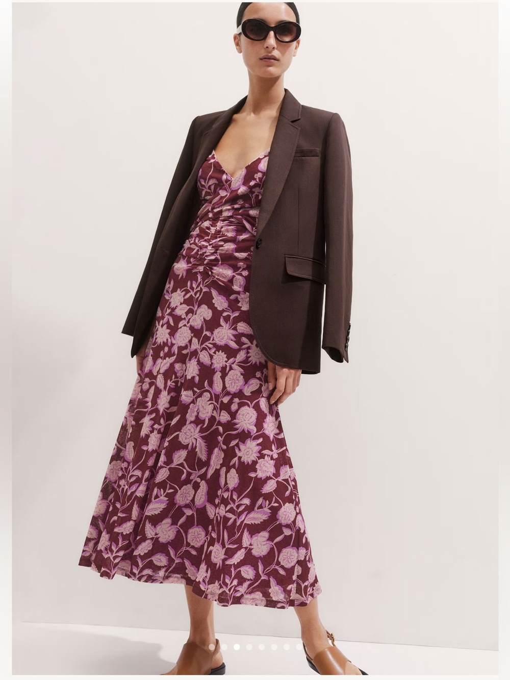 ME+EM Midnight Hibiscus Floral Print Ruched Maxi Dress Burgundy Pink US 6